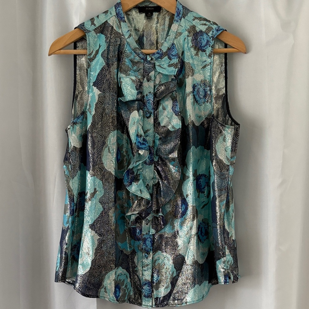 J. Crew Shiny Blue and Silver Floral Sleeveless Blouse Size Medium